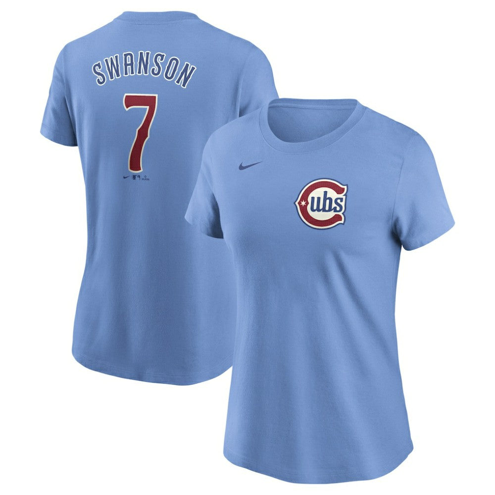 Dansby Swanson Chicago Cubs Women's Cooperstown Collection Fuse Name & Number T-Shirt Light Blue