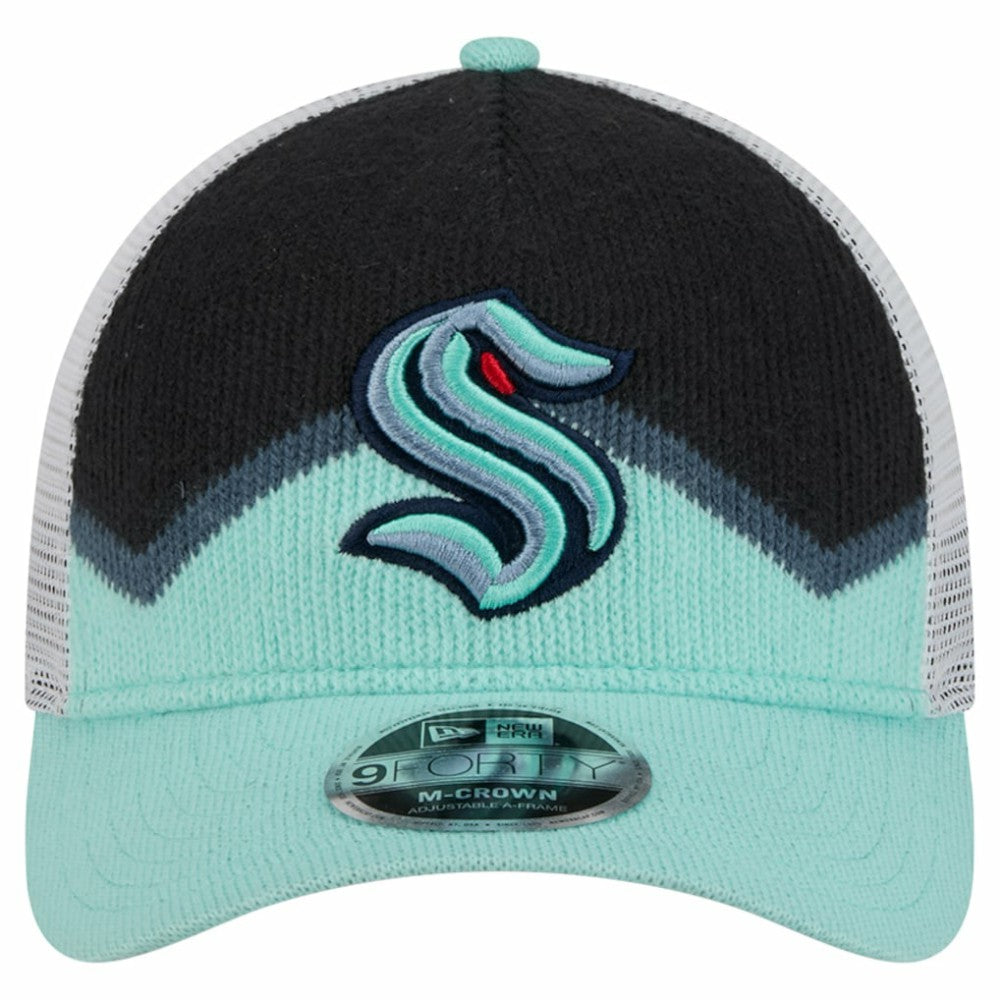 Seattle Kraken New Era Hockey Sock 9FORTY A-Frame M-Crown Adjustable Trucker Hat - Light Blue/Deep Sea Blue Hats