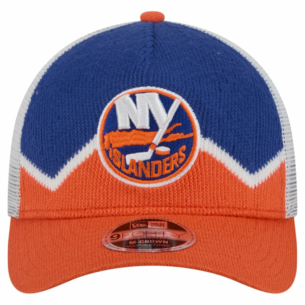 New York Islanders New Era Hockey Sock 9FORTY A-Frame M-Crown Adjustable Trucker Hat - Orange/Royal Hats