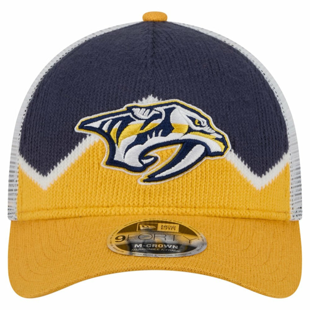 Nashville Predators New Era Hockey Sock 9FORTY A-Frame M-Crown Adjustable Trucker Hat - Gold/Navy Hats