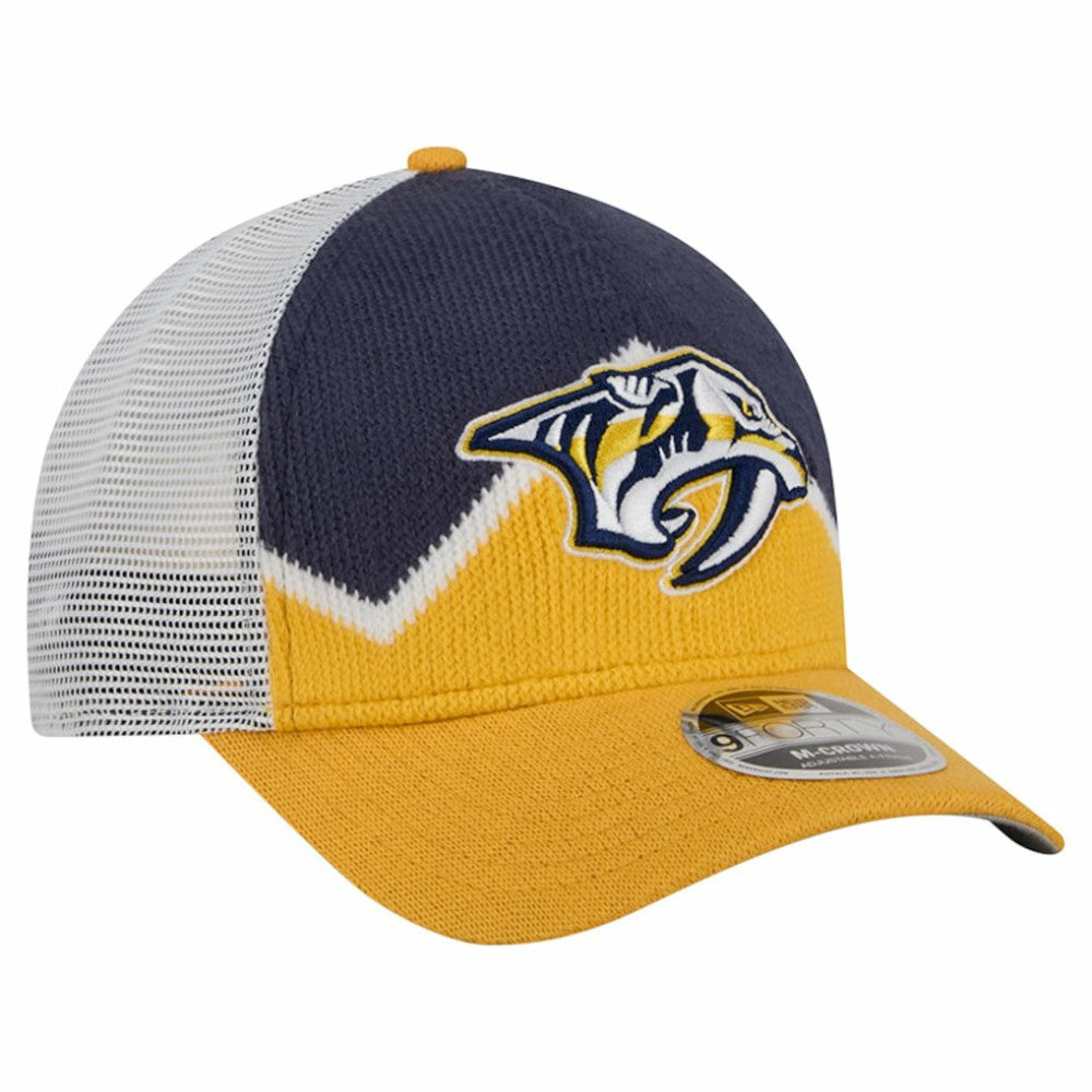 Nashville Predators New Era Hockey Sock 9FORTY A-Frame M-Crown Adjustable Trucker Hat - Gold/Navy Hats