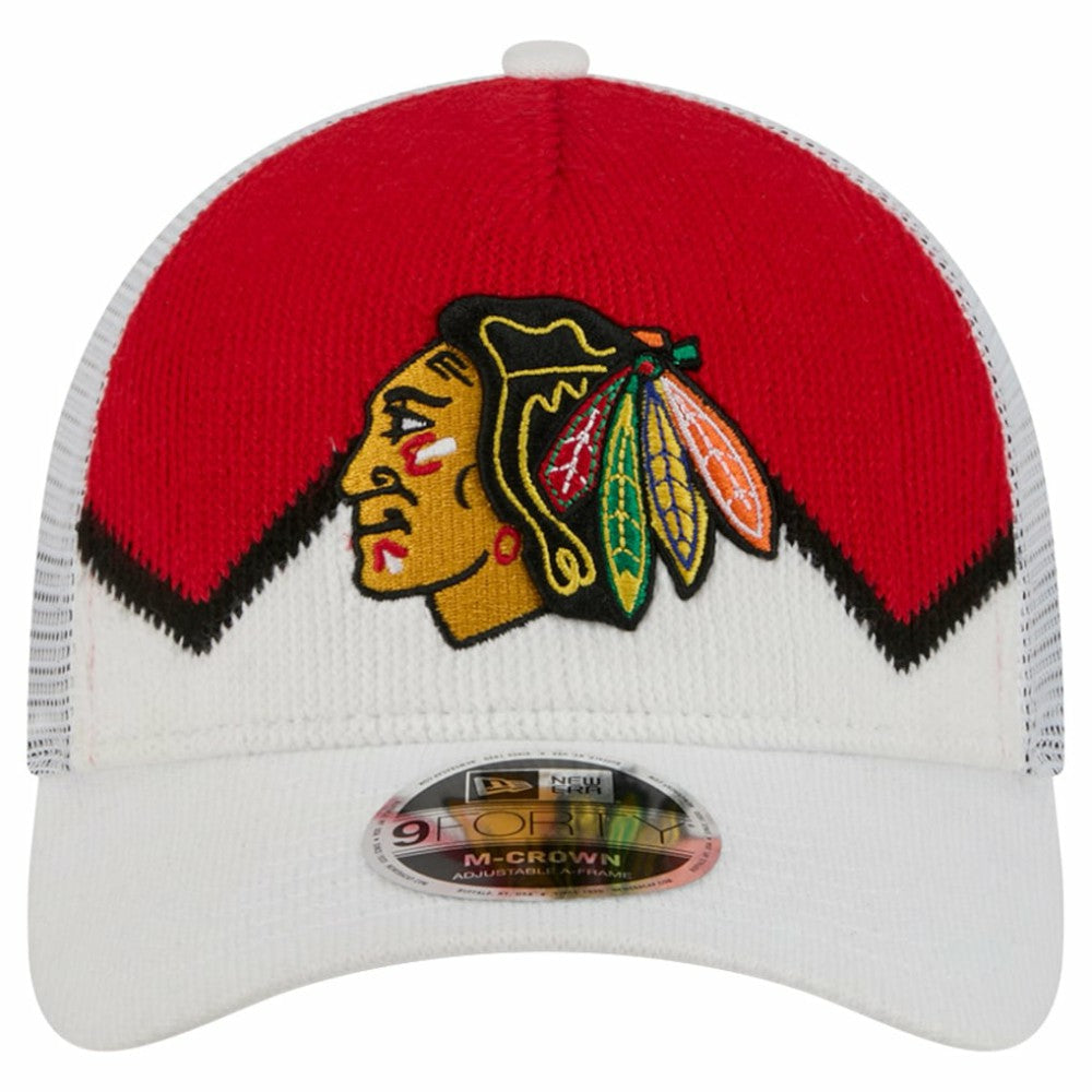 Chicago Blackhawks New Era Hockey Sock 9FORTY A-Frame M-Crown Adjustable Trucker Hat - White/Red Hats