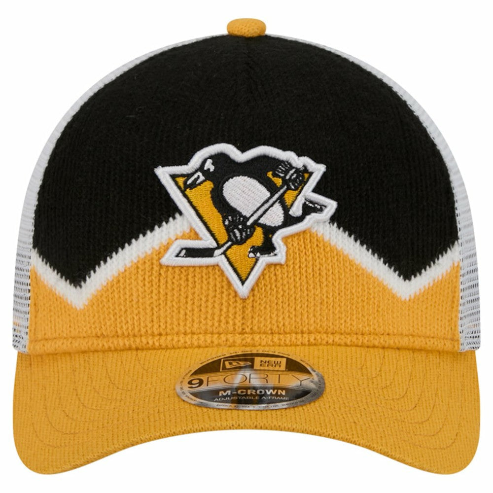 Pittsburgh Penguins New Era Hockey Sock 9FORTY A-Frame M-Crown Adjustable Trucker Hat - Gold/Black Hats
