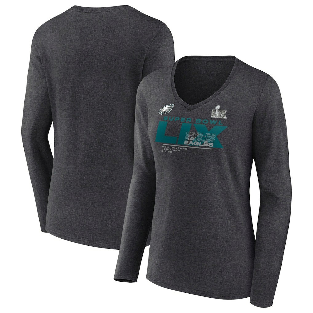 Philadelphia Eagles Women's Super Bowl LIX Quick Pass Long Sleeve V-Neck T-Shirt - Heather Charcoal outlet