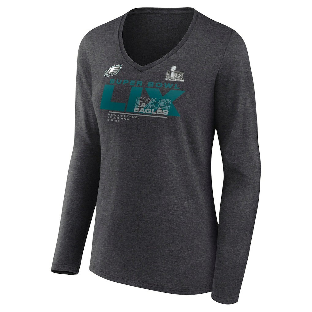 Philadelphia Eagles Women's Super Bowl LIX Quick Pass Long Sleeve V-Neck T-Shirt - Heather Charcoal outlet