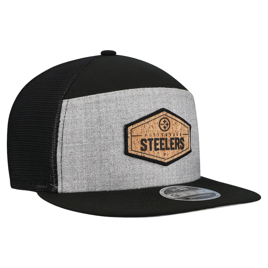 Pittsburgh Steelers New Era Cork Split Panel 9FIFTY Trucker Snapback Hat - Gray/Black discount