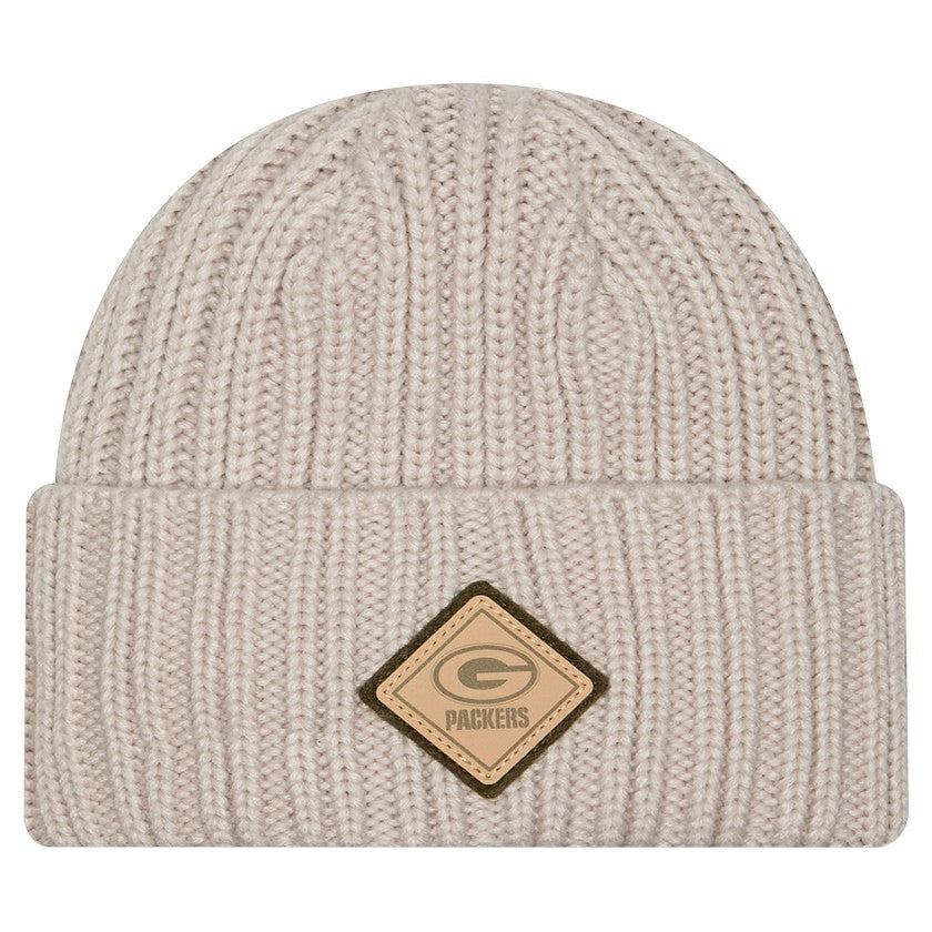 Green Bay Packers New Era Logo Applique Cuffed Knit Hat - Light Beige on sale