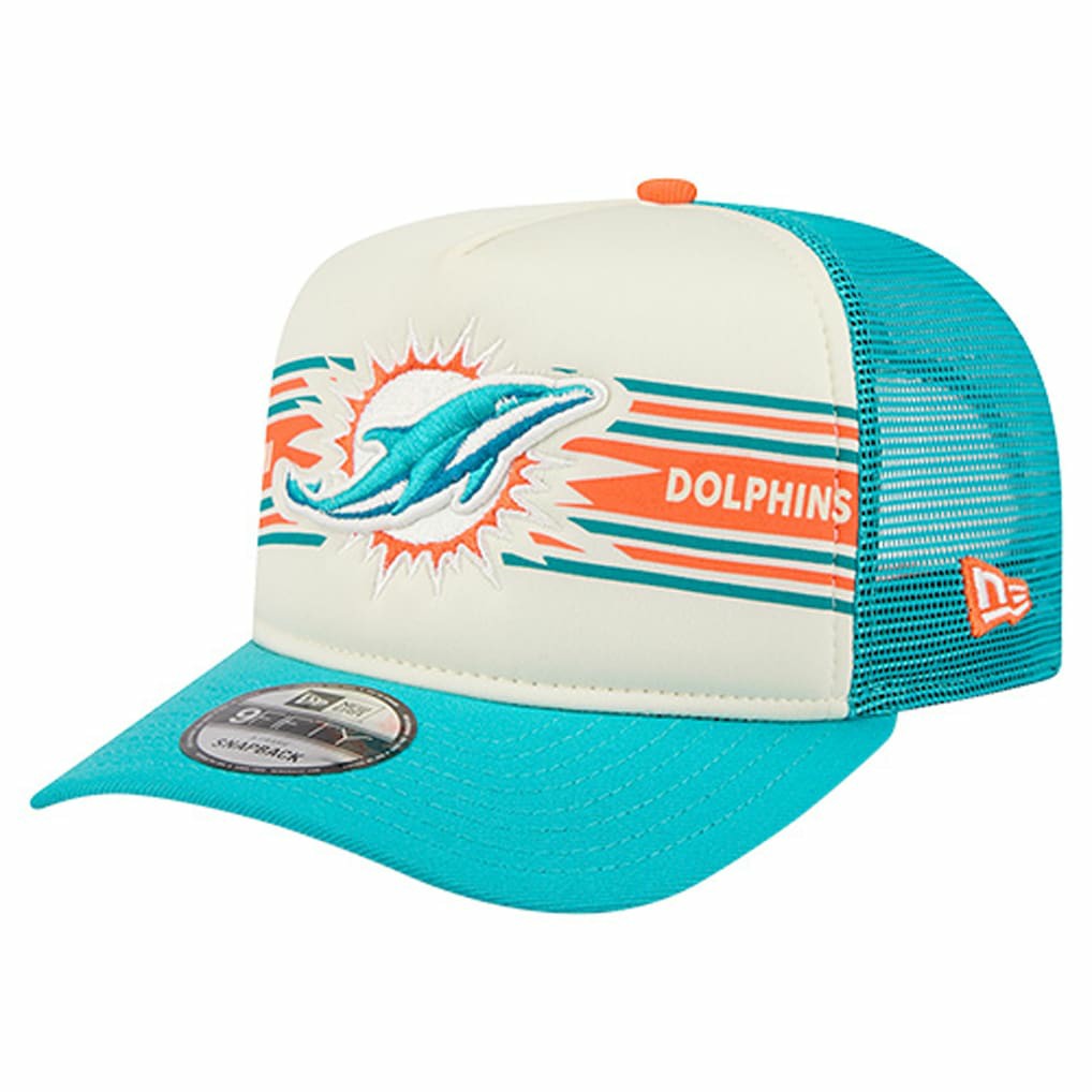 Miami Dolphins New Era Banner A-Frame 9FIFTY Trucker Snapback Hat - Cream/Aqua discount