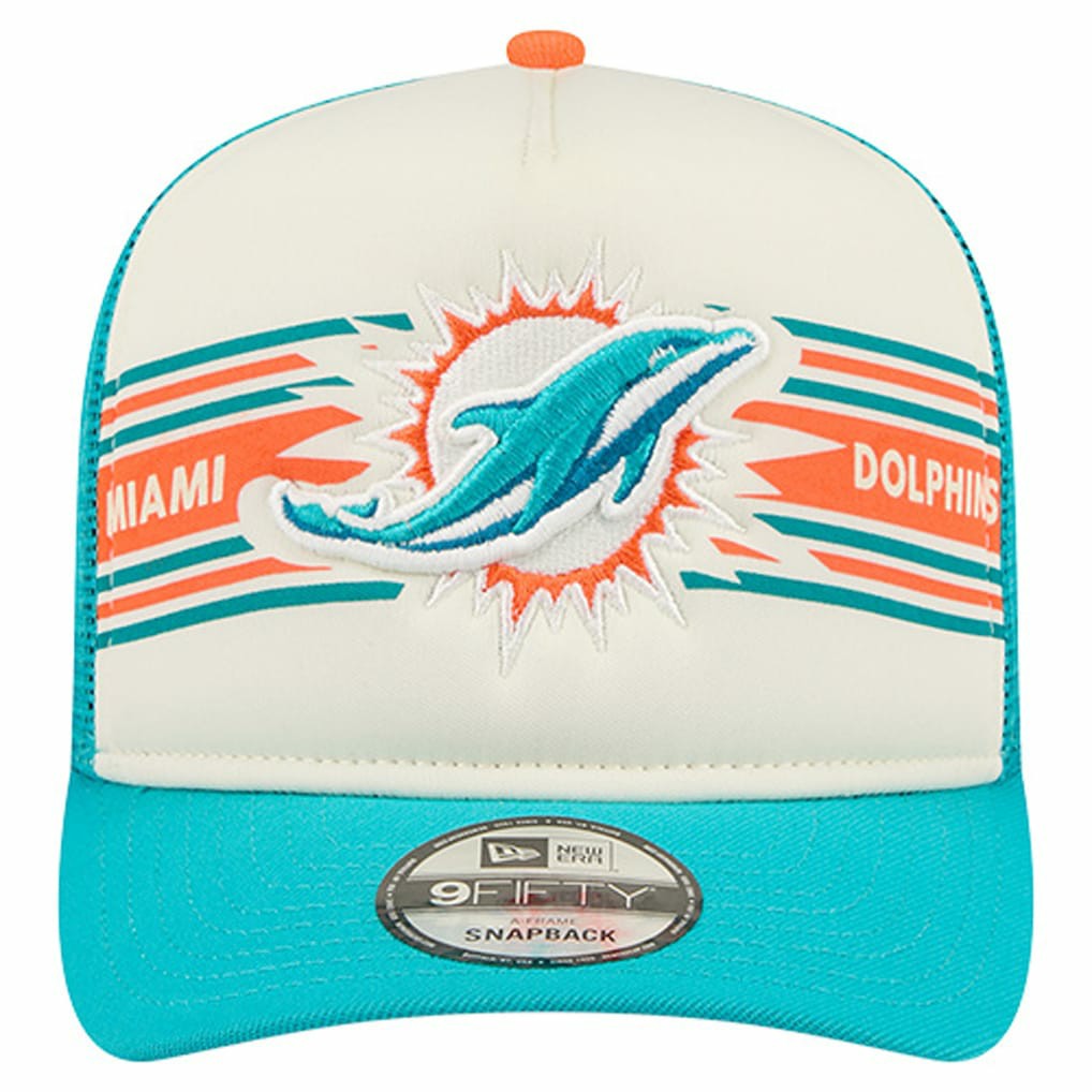 Miami Dolphins New Era Banner A-Frame 9FIFTY Trucker Snapback Hat - Cream/Aqua discount