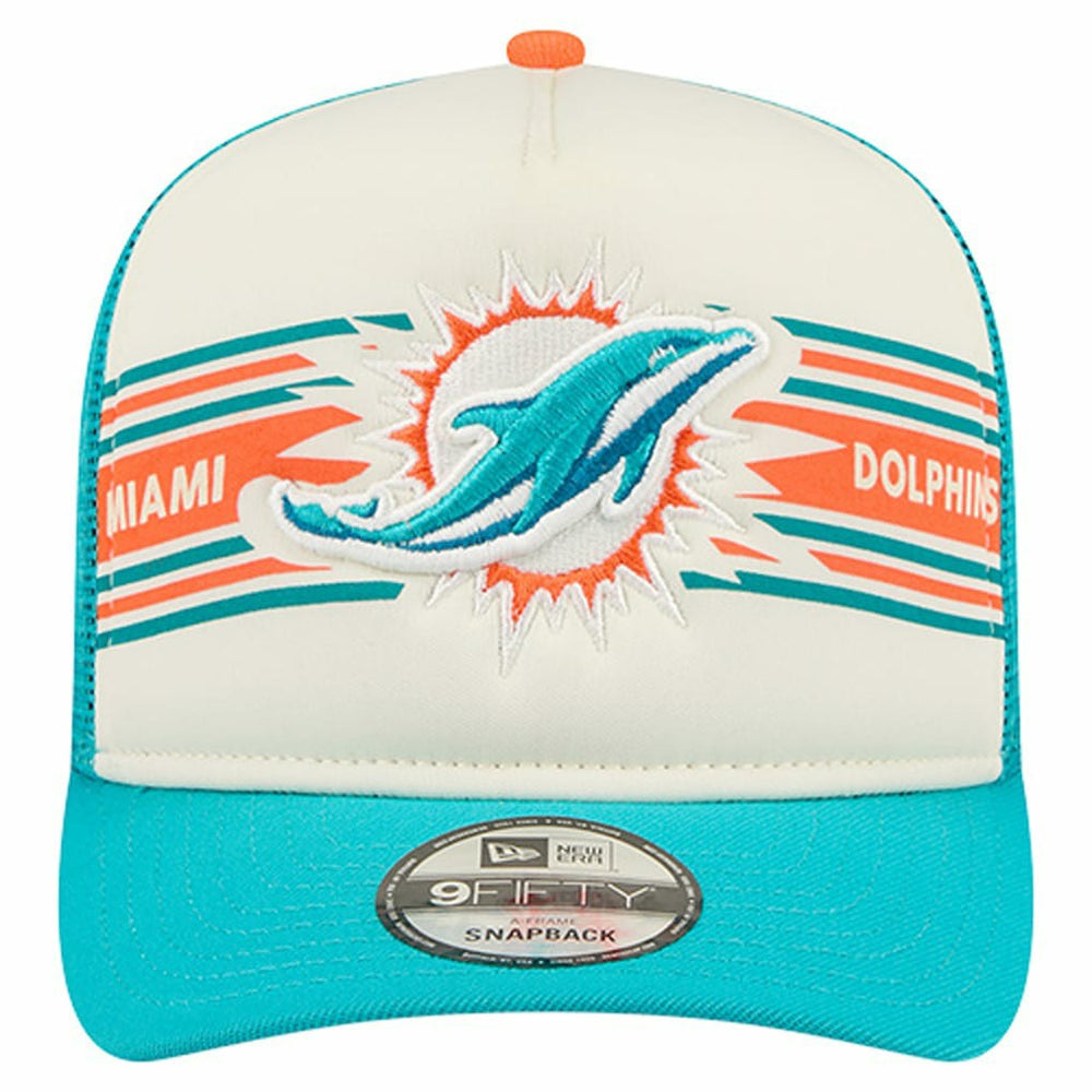 Miami Dolphins New Era Banner A-Frame 9FIFTY Trucker Snapback Hat - Cream/Aqua discount