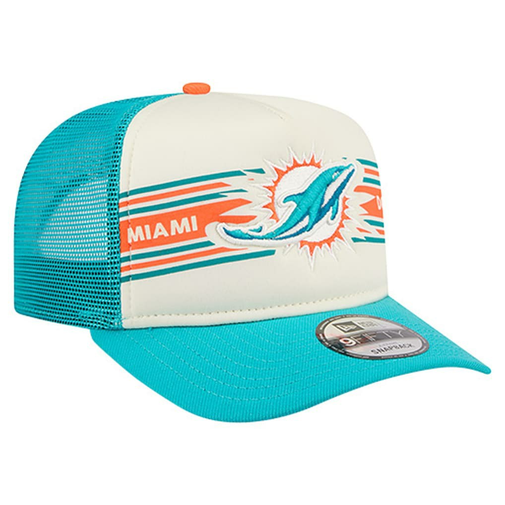 Miami Dolphins New Era Banner A-Frame 9FIFTY Trucker Snapback Hat - Cream/Aqua discount
