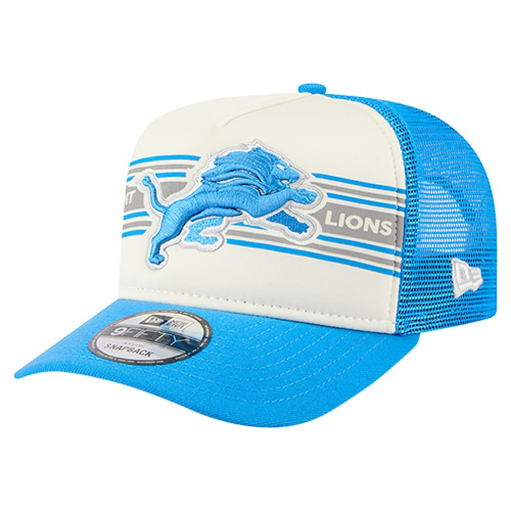 Detroit Lions New Era Banner A-Frame 9FIFTY Trucker Snapback Hat - Cream/Blue online