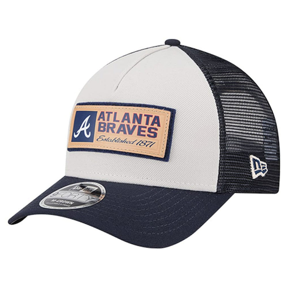 Atlanta Braves Text A-Frame Trucker 9FORTY Hat Stone/Navy