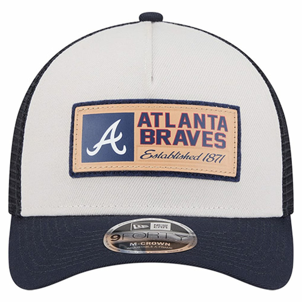 Atlanta Braves Text A-Frame Trucker 9FORTY Hat Stone/Navy