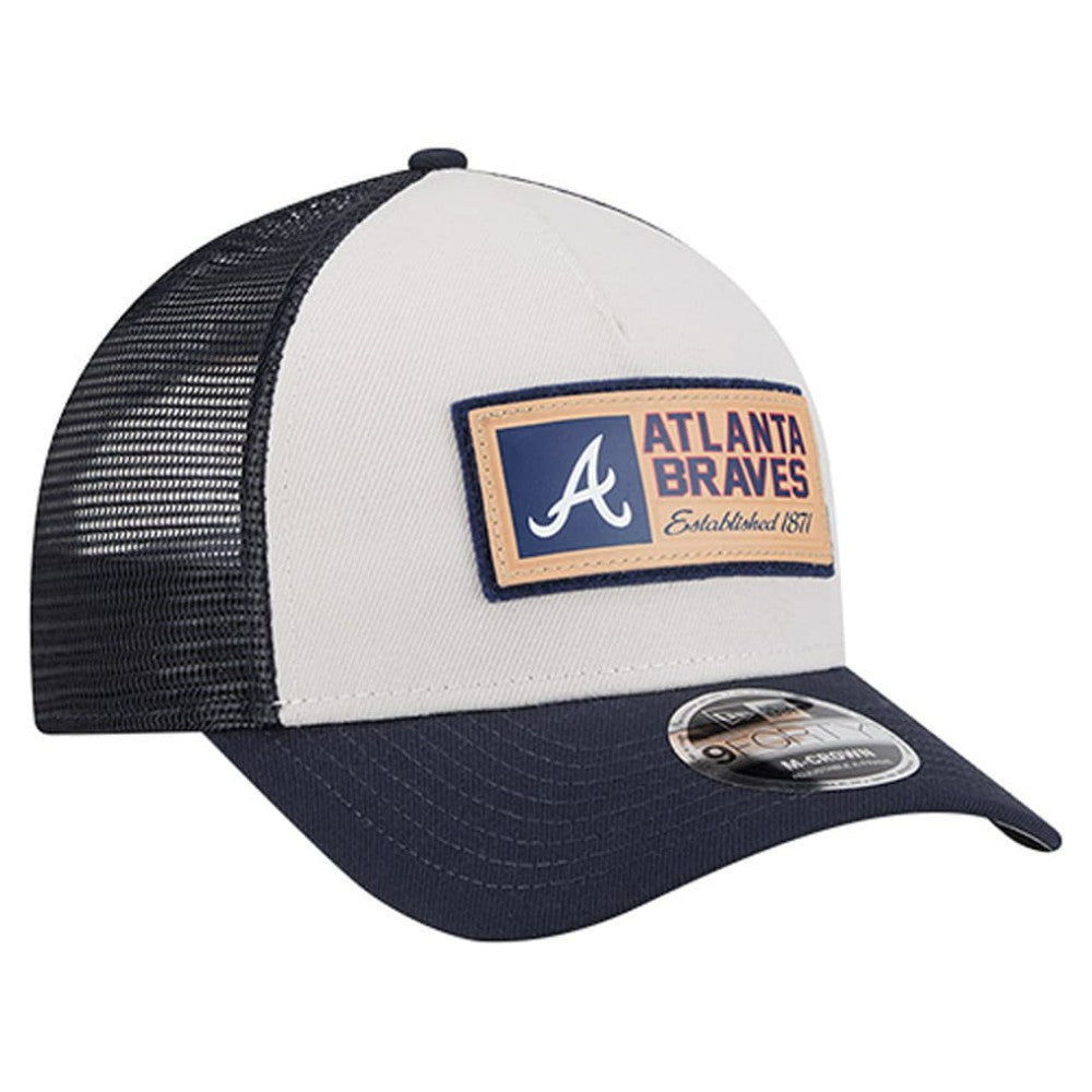 Atlanta Braves Text A-Frame Trucker 9FORTY Hat Stone/Navy