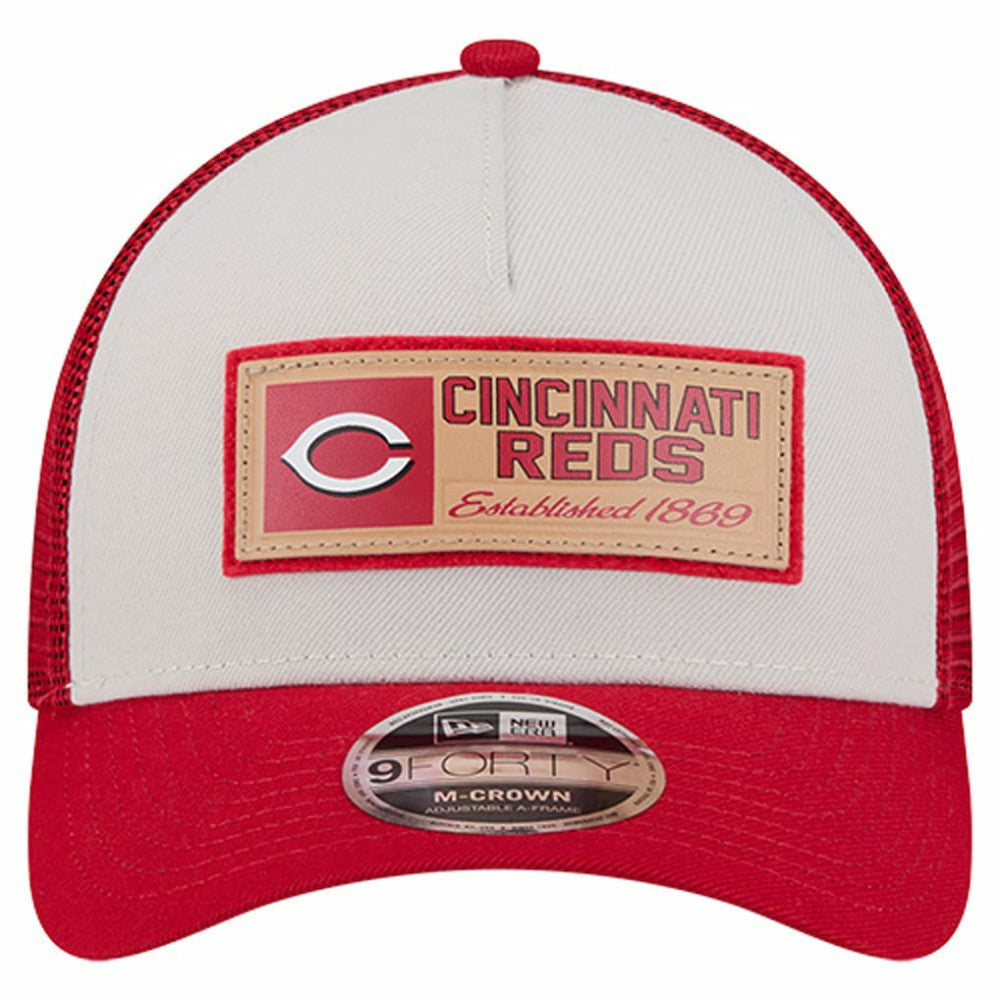 Cincinnati Reds Text A-Frame Trucker 9FORTY Hat Stone/Red