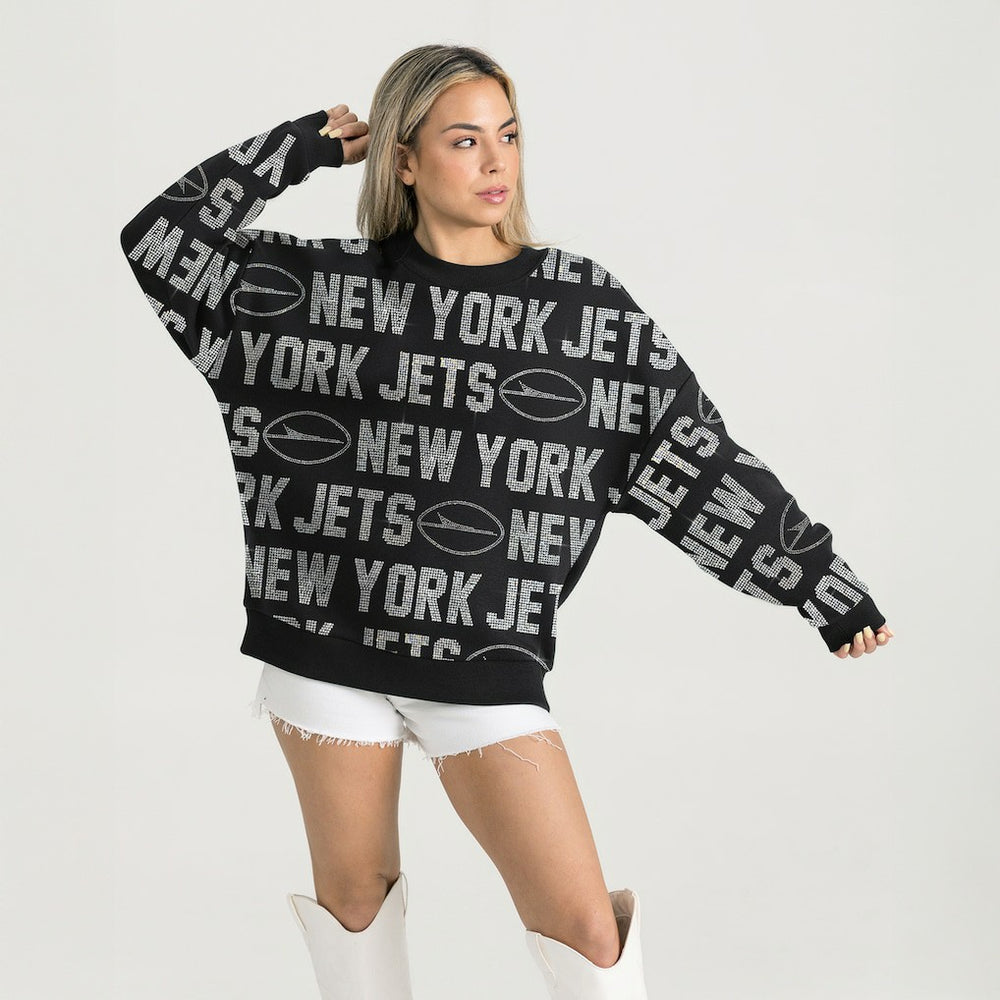 New York Jets Gameday Couture Women's Oversized Hype Era Rhinestone Text Sweatshirt - Black for sale