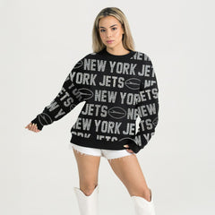 New York Jets Gameday Couture Women's Oversized Hype Era Rhinestone Text Sweatshirt - Black for sale