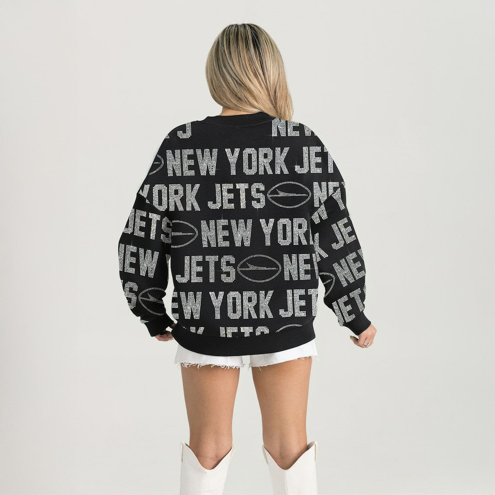New York Jets Gameday Couture Women's Oversized Hype Era Rhinestone Text Sweatshirt - Black for sale