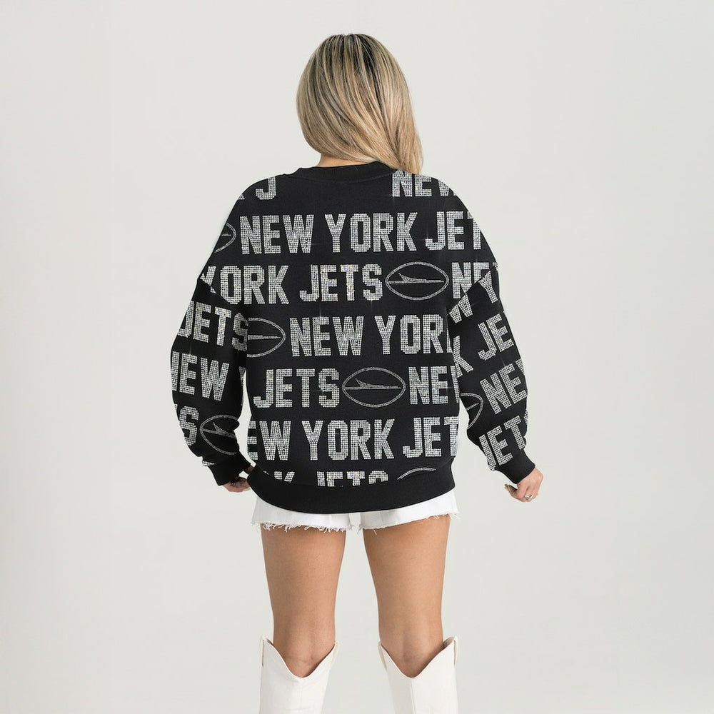 New York Jets Gameday Couture Women's Oversized Hype Era Rhinestone Text Sweatshirt - Black for sale