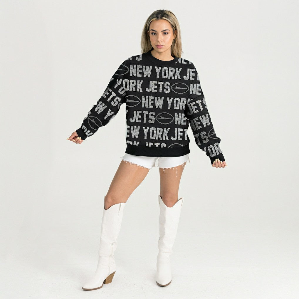 New York Jets Gameday Couture Women's Oversized Hype Era Rhinestone Text Sweatshirt - Black for sale