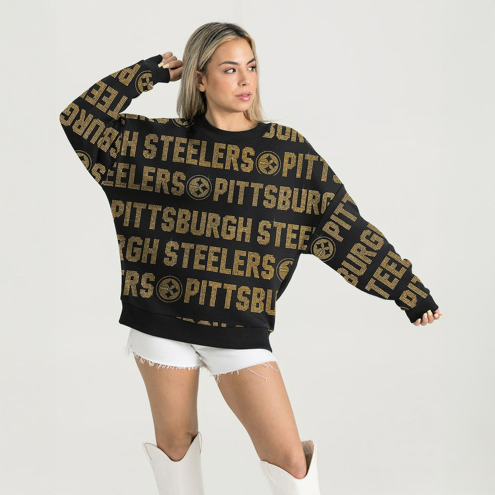 Pittsburgh Steelers Gameday Couture Women's Oversized Hype Era Rhinestone Text Sweatshirt - Black for sale