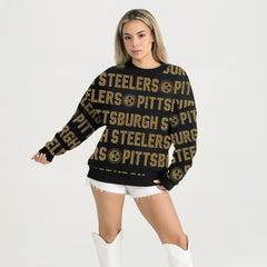 Pittsburgh Steelers Gameday Couture Women's Oversized Hype Era Rhinestone Text Sweatshirt - Black for sale