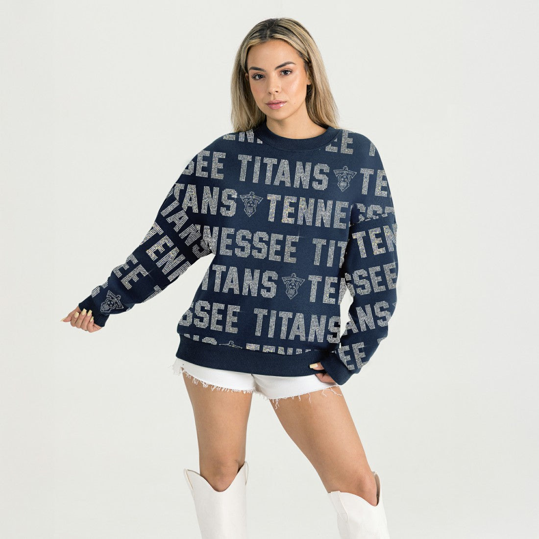 Tennessee Titans Gameday Couture Women's Oversized Hype Era Rhinestone Text Sweatshirt - Navy online