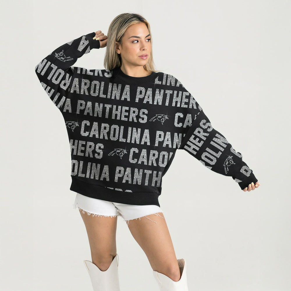 Carolina Panthers Gameday Couture Women's Oversized Hype Era Rhinestone Text Sweatshirt - Black for sale