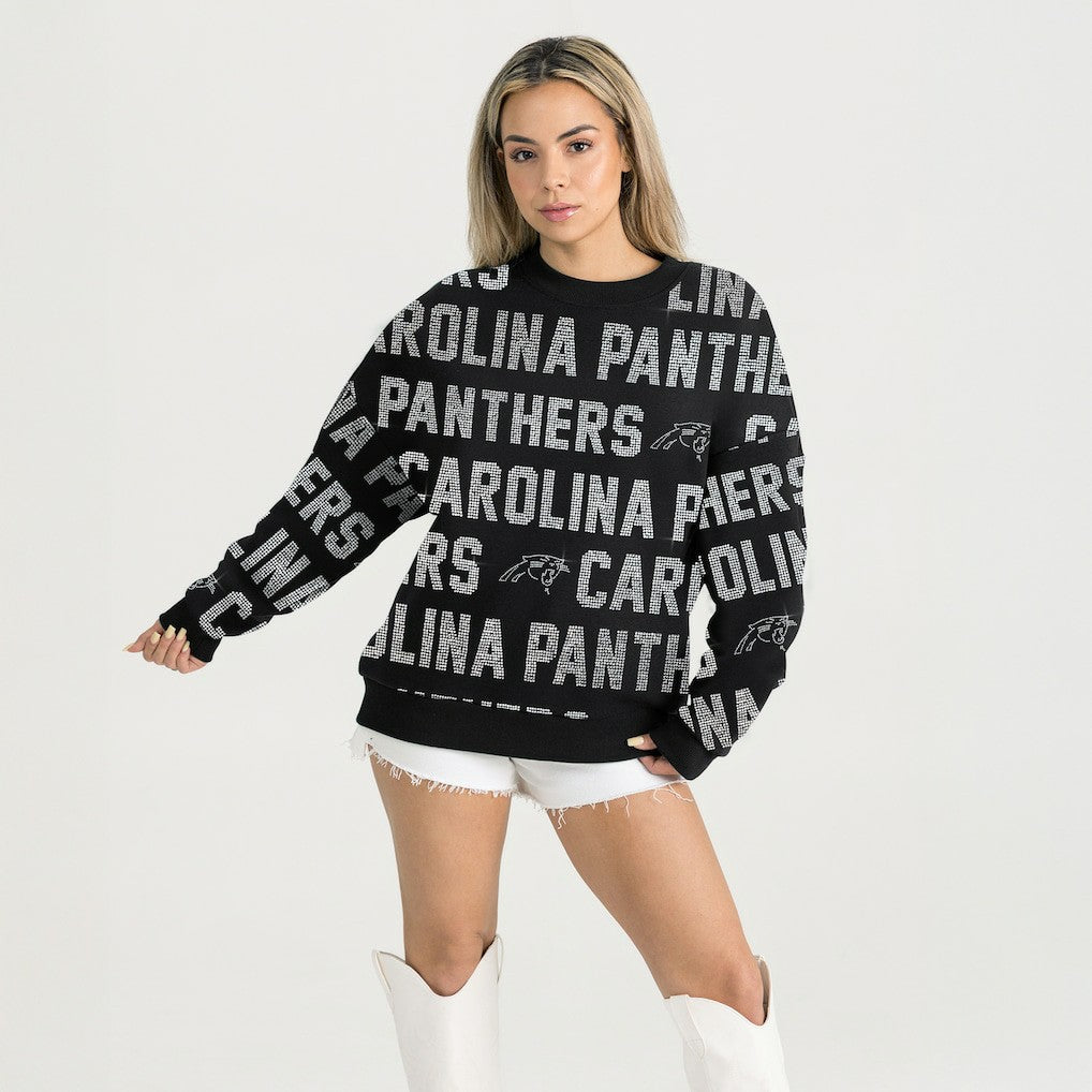 Carolina Panthers Gameday Couture Women's Oversized Hype Era Rhinestone Text Sweatshirt - Black for sale