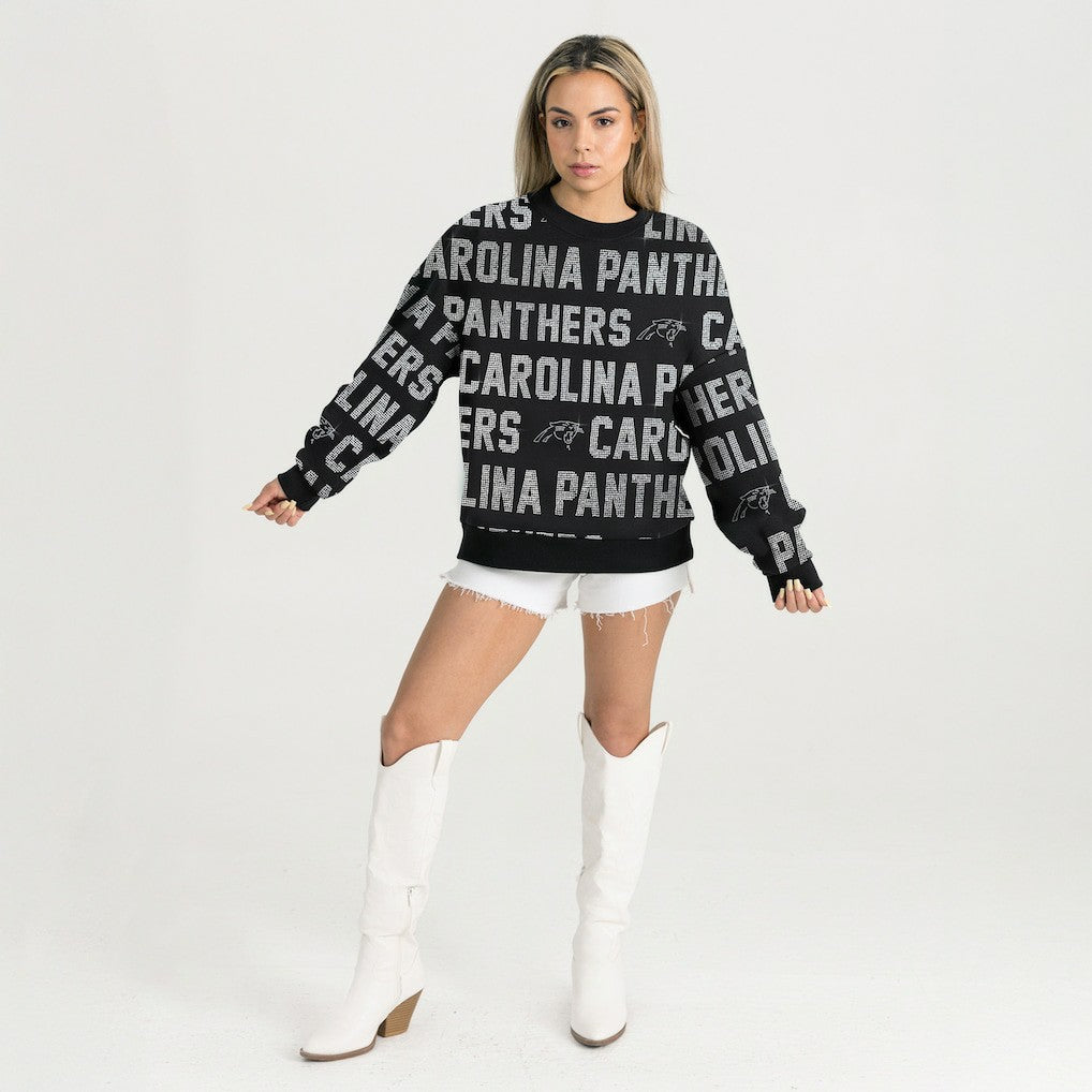 Carolina Panthers Gameday Couture Women's Oversized Hype Era Rhinestone Text Sweatshirt - Black for sale