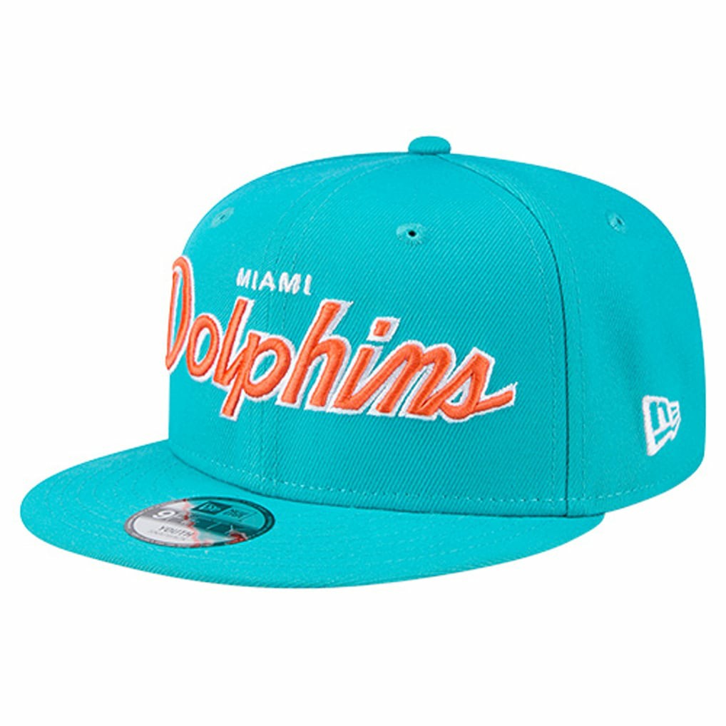 Miami Dolphins New Era Youth Main Script 9FIFTY Snapback Hat - Aqua on sale