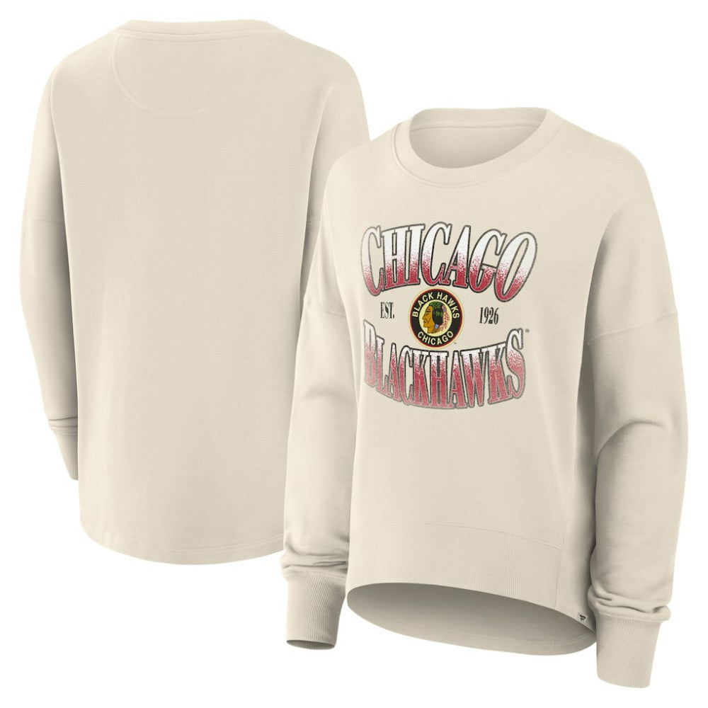 Chicago Blackhawks Fanatics Women's Oversized Vintage Slice Pullover Sweatshirt - Cream Sweatshirts