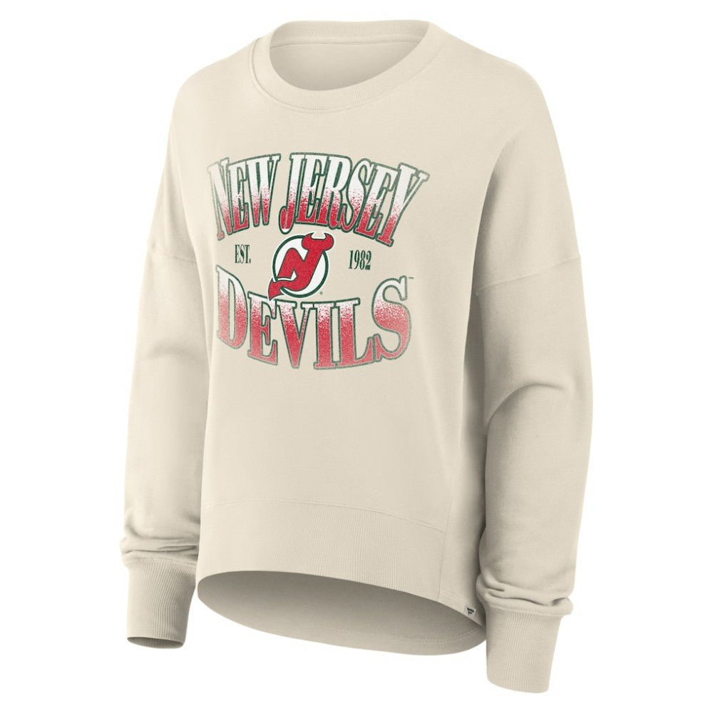 New Jersey Devils Fanatics Women's Oversized Vintage Slice Pullover Sweatshirt - Cream Sweatshirts
