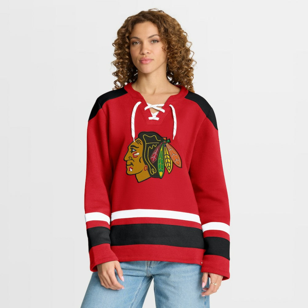 Chicago Blackhawks Fanatics Women's Icing Long Sleeve Lace Up Sweatshirt - Athletic Red Sweatshirts