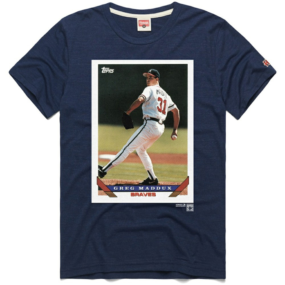Greg Maddux Atlanta Braves Homage 1993 Topps Baseball Card Player T-Shirt Navy