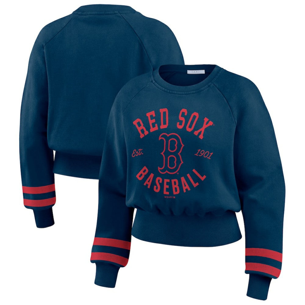 Boston Red Sox WEAR by Erin Andrews Women's Vintage Washed Cropped Pullover Sweatshirt Navy