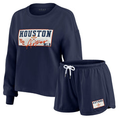 Houston Astros WEAR by Erin Andrews Women's Heavy Rugby Jersey Cropped Long Sleeve T-Shirt & Shorts Lounge Set Navy