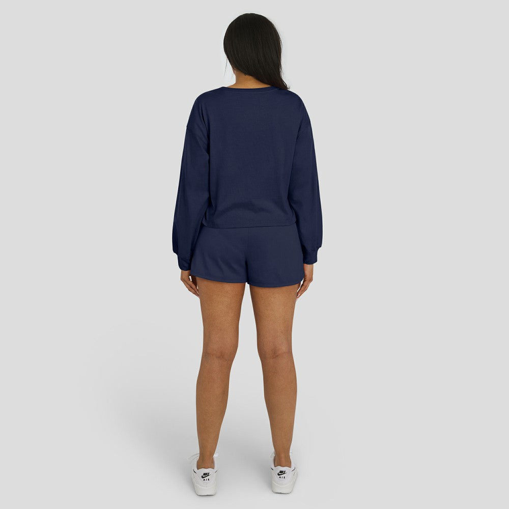 Houston Astros WEAR by Erin Andrews Women's Heavy Rugby Jersey Cropped Long Sleeve T-Shirt & Shorts Lounge Set Navy