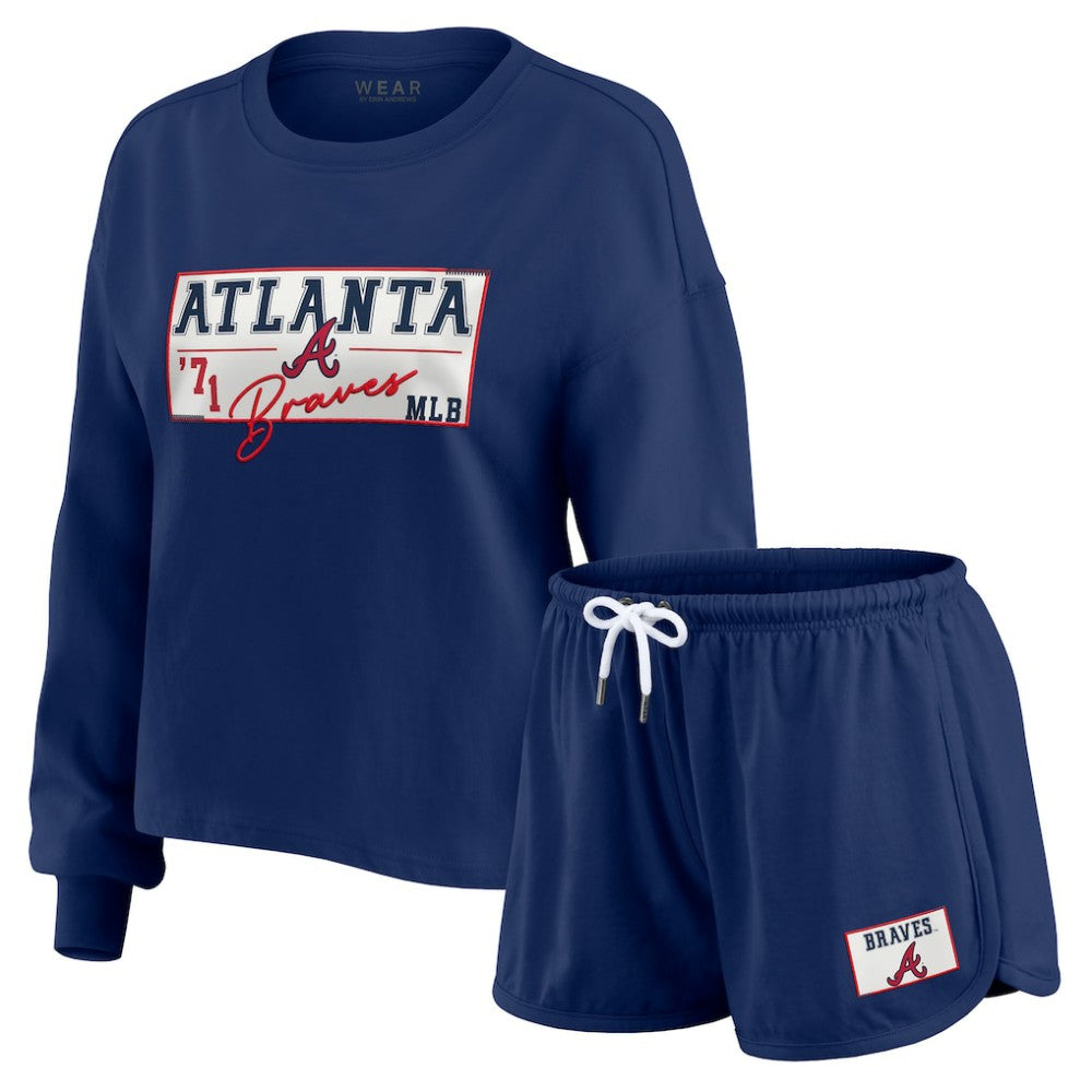 Atlanta Braves WEAR by Erin Andrews Women's Heavy Rugby Jersey Cropped Long Sleeve T-Shirt & Shorts Lounge Set Navy