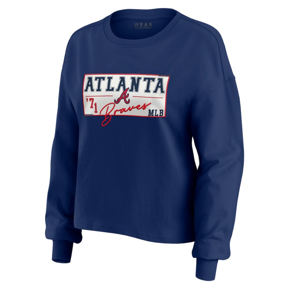Atlanta Braves WEAR by Erin Andrews Women's Heavy Rugby Jersey Cropped Long Sleeve T-Shirt & Shorts Lounge Set Navy