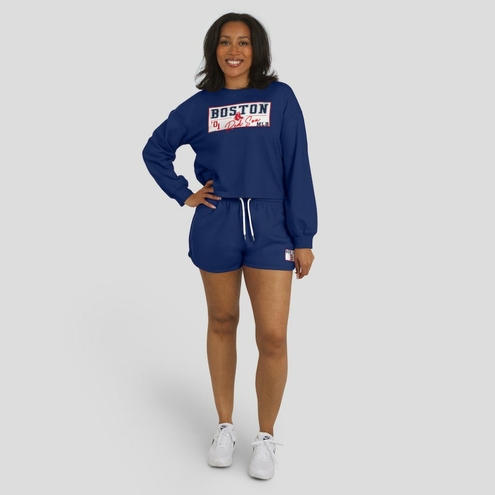 Boston Red Sox WEAR by Erin Andrews Women's Heavy Rugby Jersey Cropped Long Sleeve T-Shirt & Shorts Lounge Set Navy