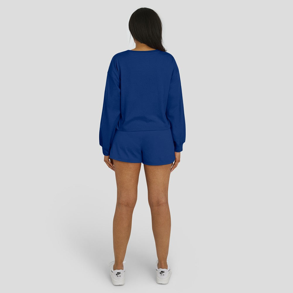Los Angeles Dodgers WEAR by Erin Andrews Women's Heavy Rugby Jersey Cropped Long Sleeve T-Shirt & Shorts Lounge Set Royal
