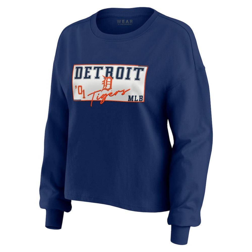 Detroit Tigers WEAR by Erin Andrews Women's Heavy Rugby Jersey Cropped Long Sleeve T-Shirt & Shorts Lounge Set Navy