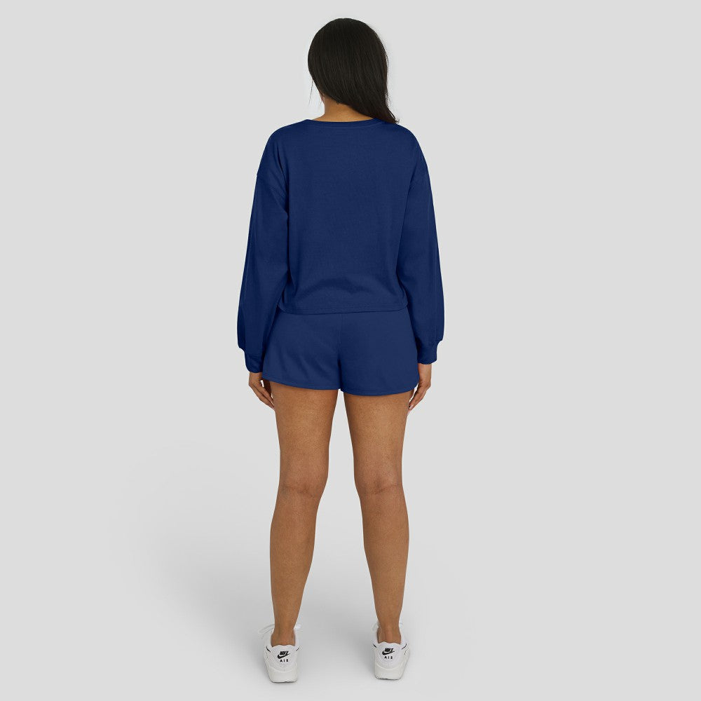 Cleveland Guardians WEAR by Erin Andrews Women's Heavy Rugby Jersey Cropped Long Sleeve T-Shirt & Shorts Lounge Set Navy