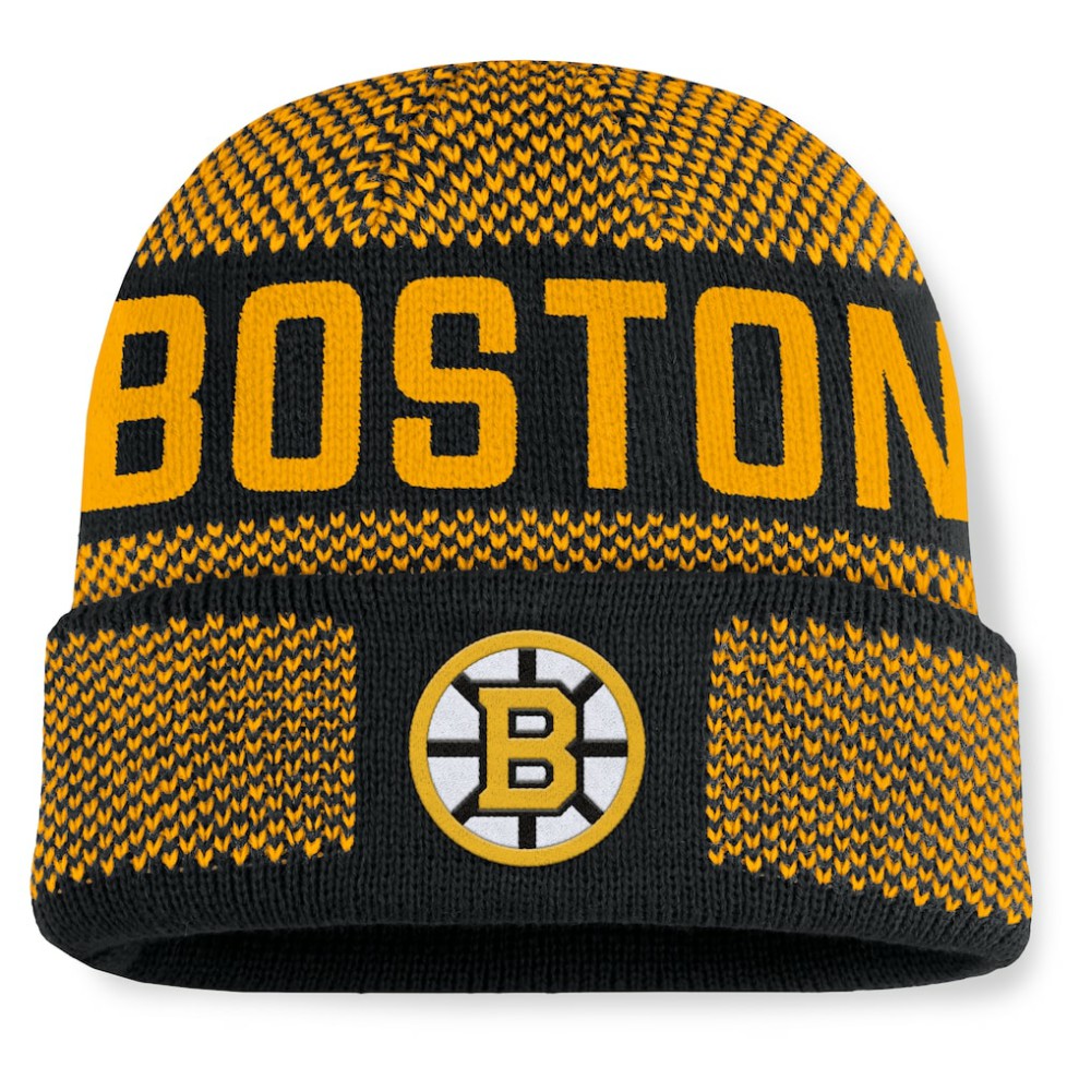 Boston Bruins Fanatics Fundamentals Shelter Cuffed Knit Hat - Black/Gold Hats