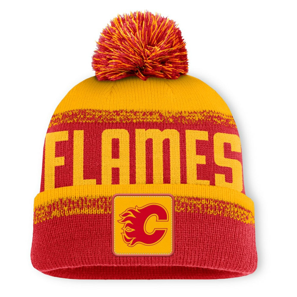 Calgary Flames Fanatics Fundamentals Thrive Cuffed Knit Hat with Pom - Red/Gold Hats