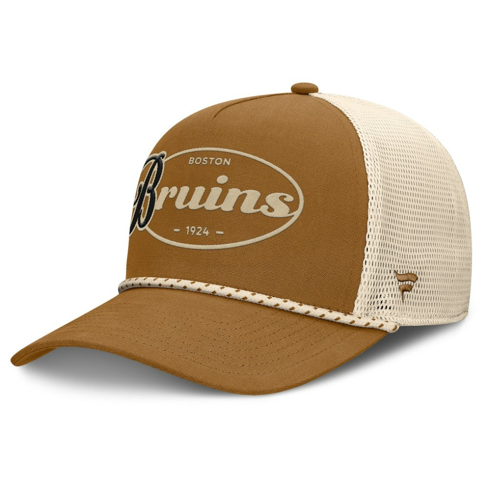 Boston Bruins Fanatics Heritage Fetch A-Frame Trucker Adjustable Hat - Brown/Cream Hats