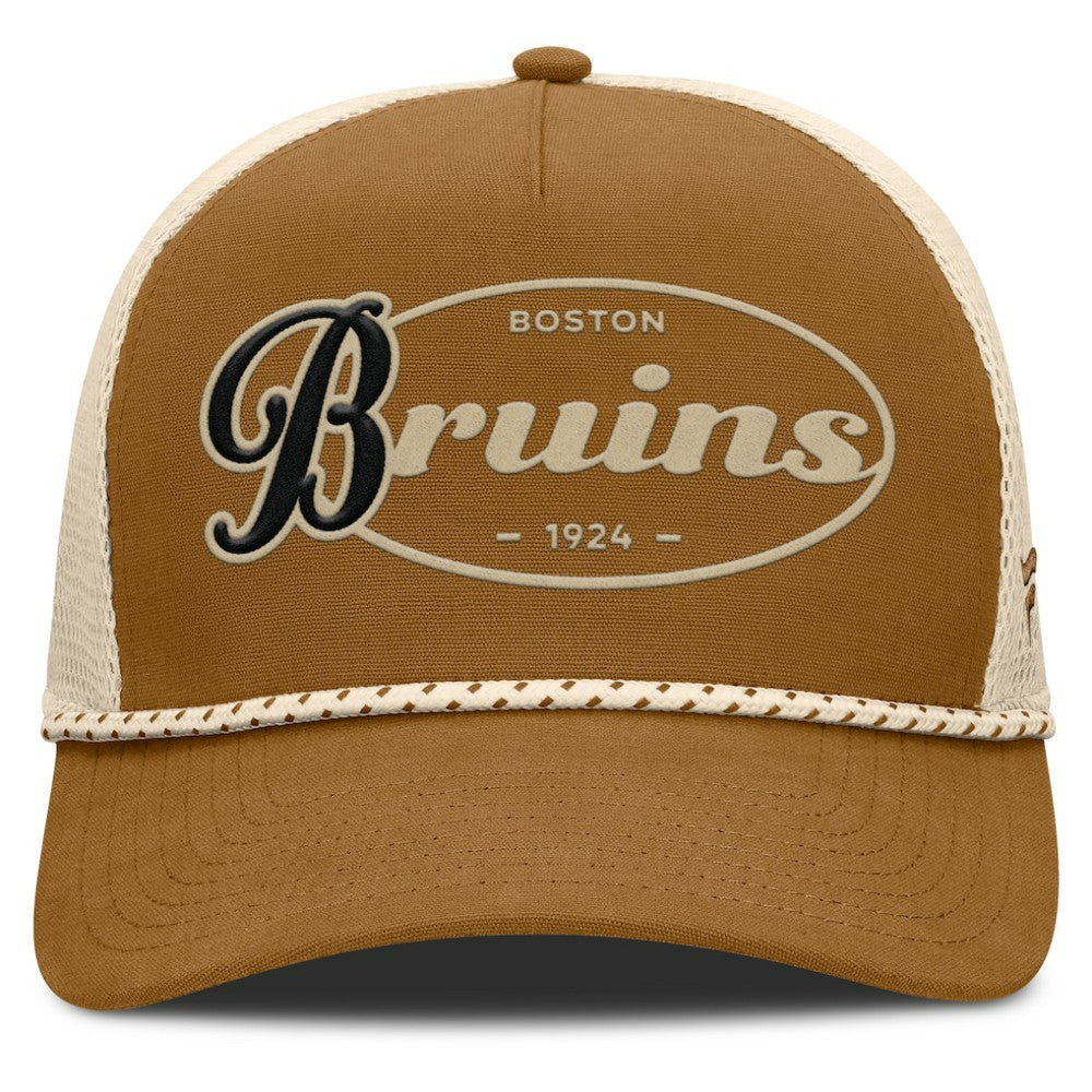 Boston Bruins Fanatics Heritage Fetch A-Frame Trucker Adjustable Hat - Brown/Cream Hats