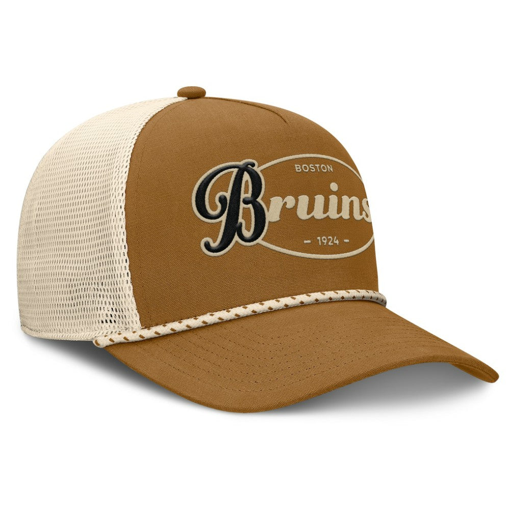 Boston Bruins Fanatics Heritage Fetch A-Frame Trucker Adjustable Hat - Brown/Cream Hats